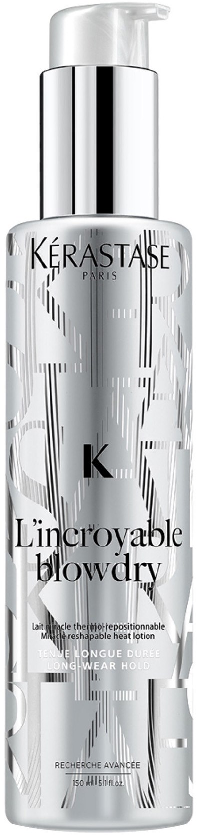 En stilren silverflaska med pump, märkt med Kérastase och för blow-dry-produkt.