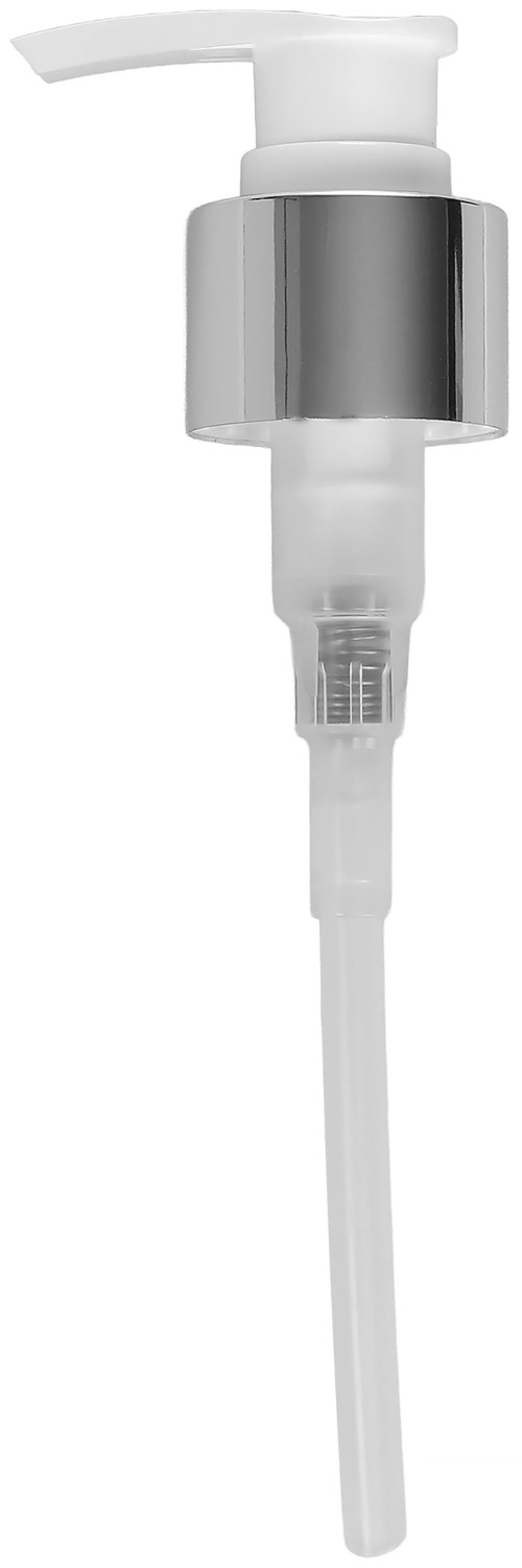 En vit pumpflaska med silverband, ansluten till en slang för utsläpp av hudvårds- eller kosmetikvätska.