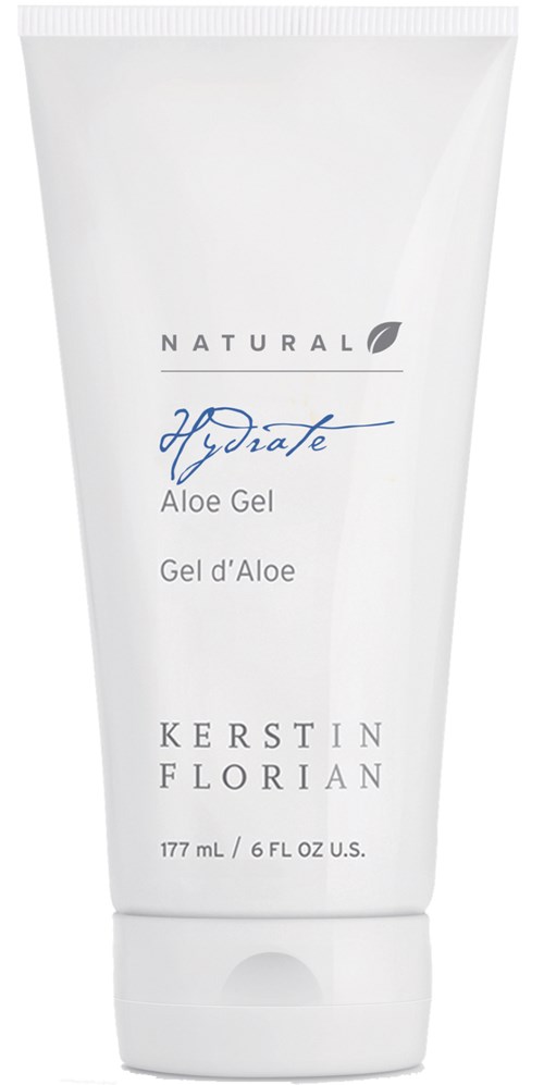 En vit tub med blå och svart text, märkt som aloe gel för återfuktning av Kerstin Florian.