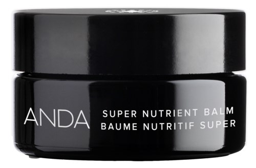 Svart burk med vitt text, märkt "ANDA Super Nutrient Balm."