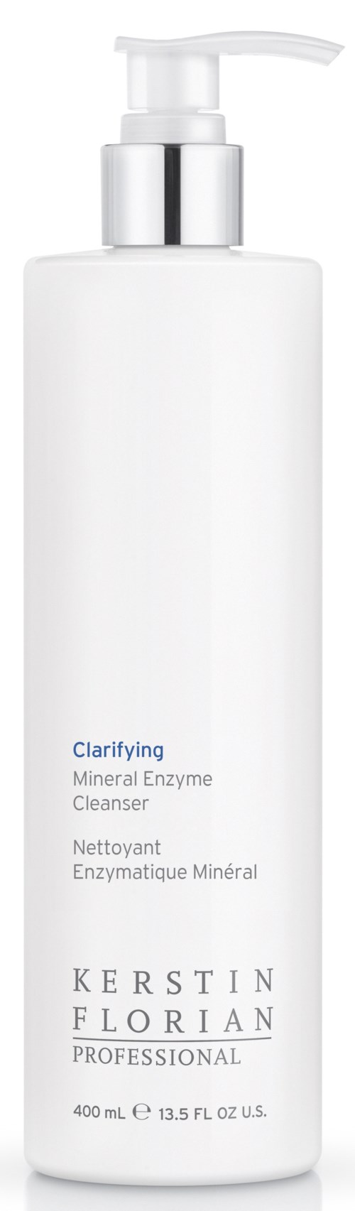 En lang hvit flaske med pumpe merket 'Clarifying Mineral Enzyme Cleanser' av Kerstin Florian, 400 ml.