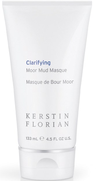 En hvit tube med Clarifying Moor Mud Masque fra Kerstin Florian med blå tekst på hvit bakgrunn.