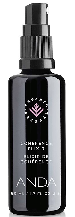 En svart sprayflaska märkt COHERENCE ELIXIR av ANDA, innehåller 50 ml produkt, med spraymunstycke upptill.