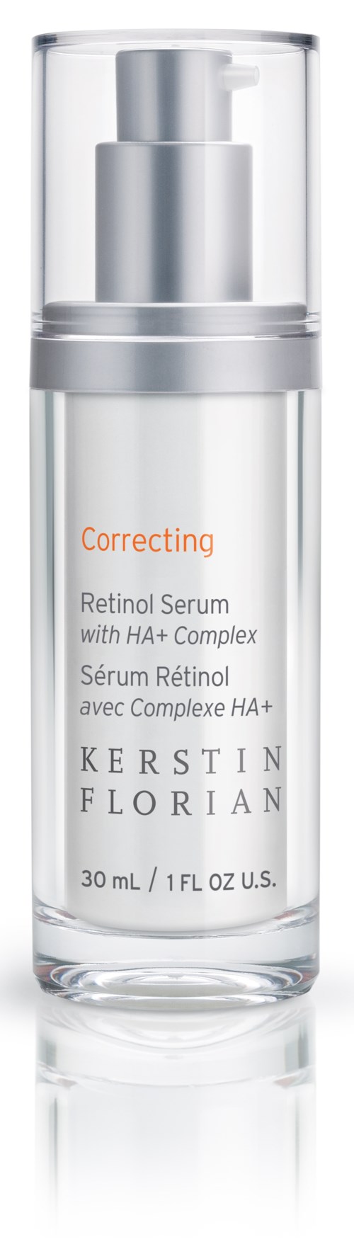 En klar flaske med sølvpumpe, etiketten sier 'Correcting Retinol Serum med HA+ Complex', 30 ml størrelse.