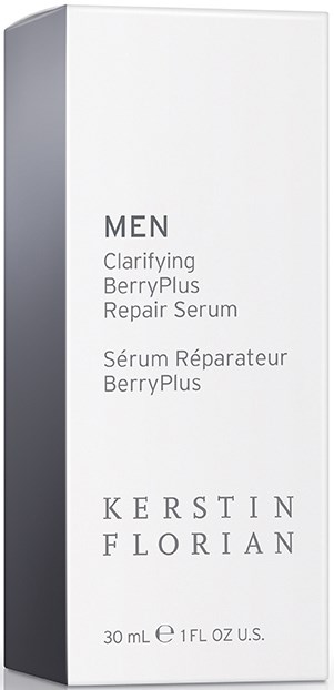 En vit och grå förpackning för herrvårdsprodukter, märkt Clarifying BerryPlus Repair Serum av Kerstin Florian.