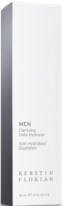 En hög, vit förpackning för hudvårdsprodukt märkt 'MEN Clarifying Daily Hydrator' av Kerstin Florian.