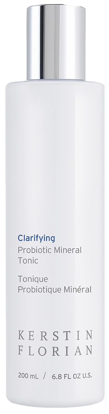 En vit flaska med silverlock, märkt 'Clarifying Probiotic Mineral Tonic' av Kerstin Florian, 200 ml.