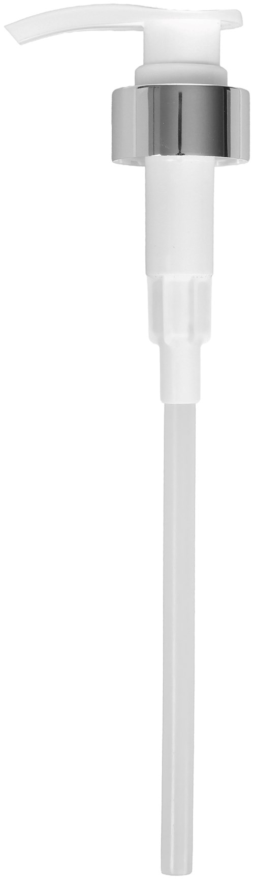 En vit pumpdispensär med en silverring upptill, kopplad till en lång slang för att pumpa ut vätskor.