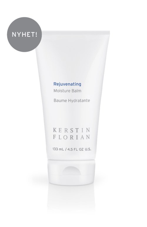A white tube labeled Rejuvenating Moisture Balm by Kerstin Florian with a "New!" badge in gray.