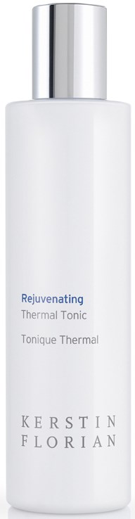 En hvid flaske med sølvkapel mærket 'Rejuvenating Thermal Tonic' af Kerstin Florian.