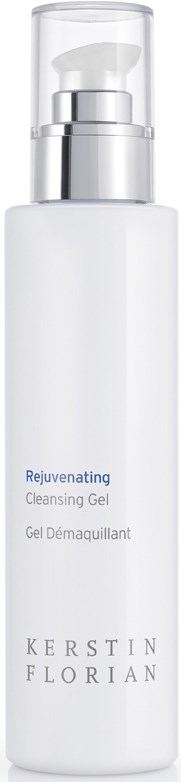 En hvit flaske med pumpe, merket 'Rejuvenating Cleansing Gel' av Kerstin Florian.