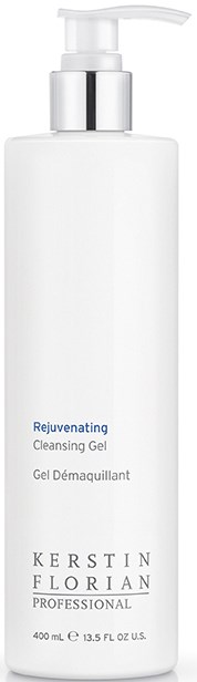 En vit flaska med pump, märkt 'Rejuvenating Cleansing Gel' av Kerstin Florian, 400 ml.