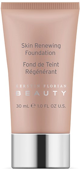 En beige tub av foundation med silverlock, märkt som Skin Renewing Foundation av Kerstin Florian Beauty.