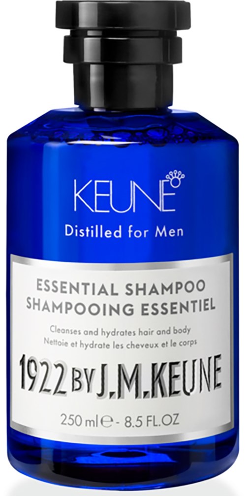 Eine blaue Flasche Keune Herren-Shampoo mit weißem und schwarzem Etikett, das Reinigung und Hydratation von Haar und Körper verspricht.