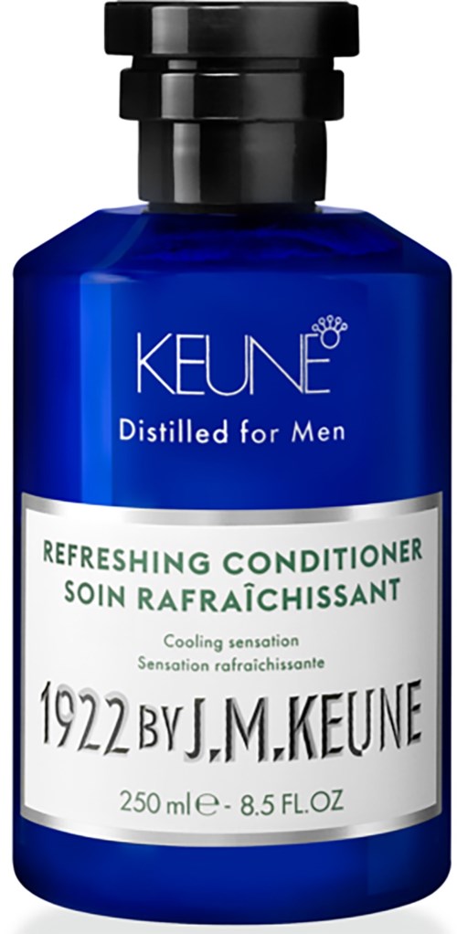 Blaues Flasche mit Keune-Erfrischungsconditioner für Männer, 250 ml, mit schwarzem Deckel und weißem Etikett.