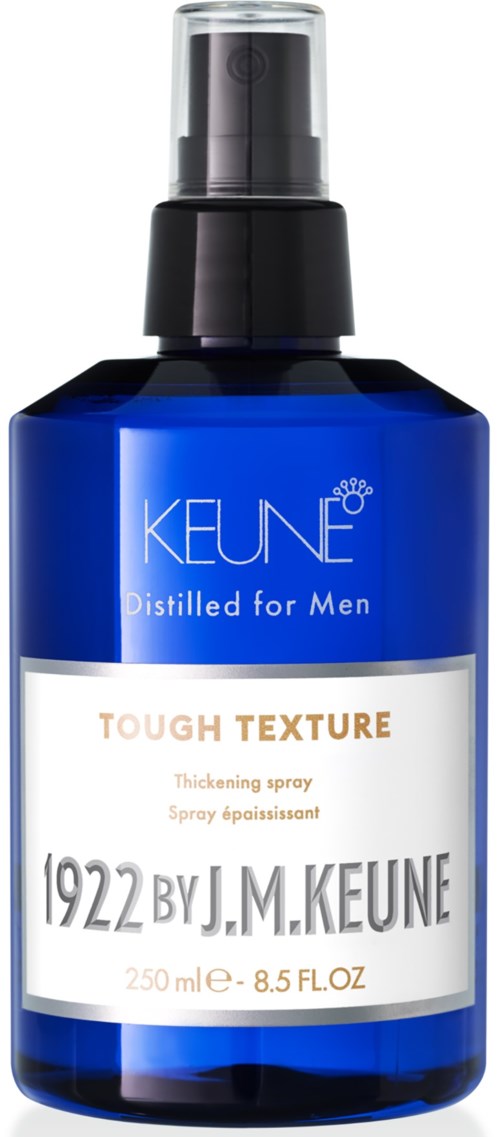 Blaue Flasche mit Spraykopf, gekennzeichnet als Keune Tough Texture bei Männern, 250 ml.