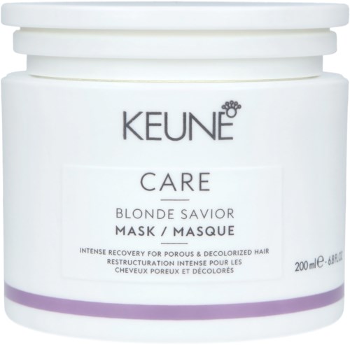 Valkoinen purkki, jossa lukee Keune Care Blonde Savior Mask, hiushoitoon, violetilla ja mustalla tekstillä.