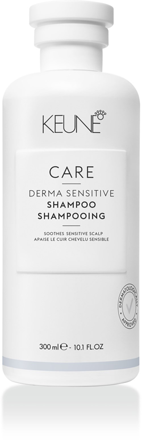 En vit flaska med Keune Care Derma Sensitive Shampoo, för känslig hårbotten, 300 ml.