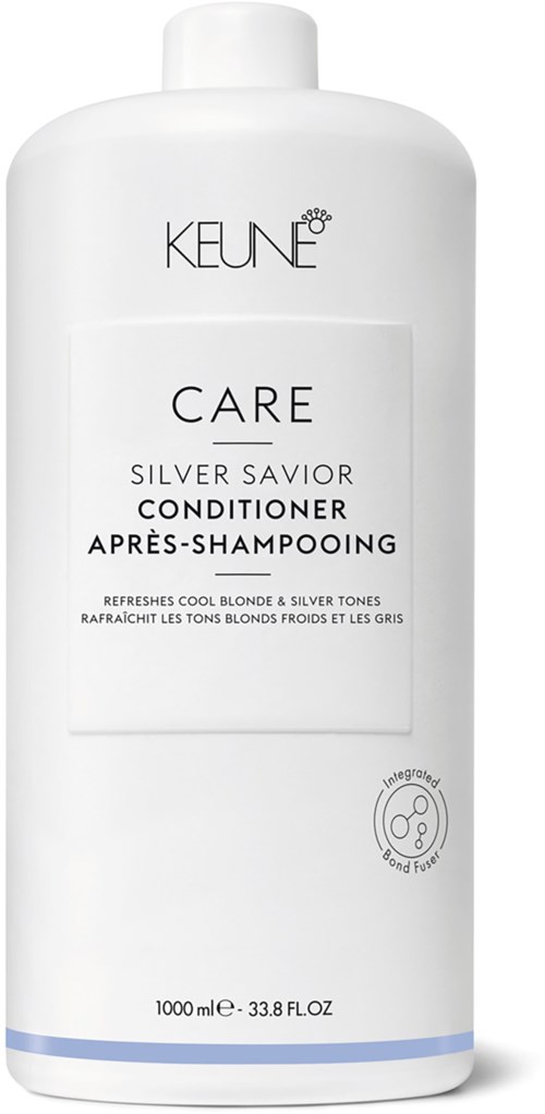 A white bottle labeled Keune Care Silver Savior Conditioner, with a blue stripe at the bottom, 1000 ml capacity.