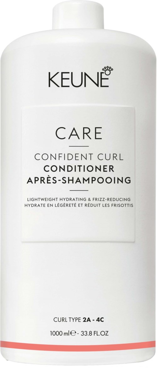 White shampoo bottle labeled KEUNE CARE CONFIDENT CURL CONDITIONER, lightweight, hydrating, curl type 2A-4C, 1000ml.