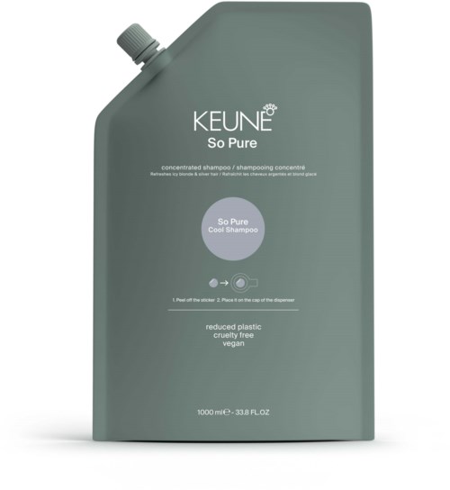 Harmaa pehmeä muovipullo, jossa suihku, merkki Keune So Pure Cool Shampoo, 1000 ml.