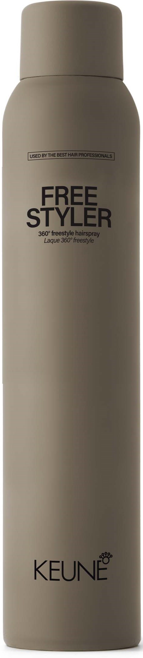En lang, beige sprayflaske merket 'Free Styler' med 'Keune' nederst.
