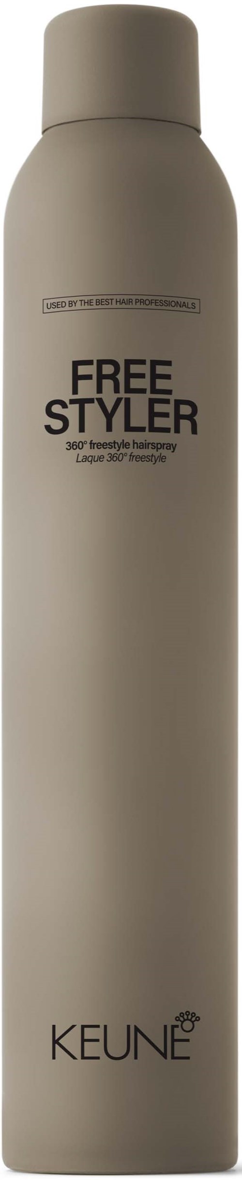 En lang, beige boks med avrundet lokk, merket "Free Styler" og "Keune," sannsynligvis et hårstylingprodukt.