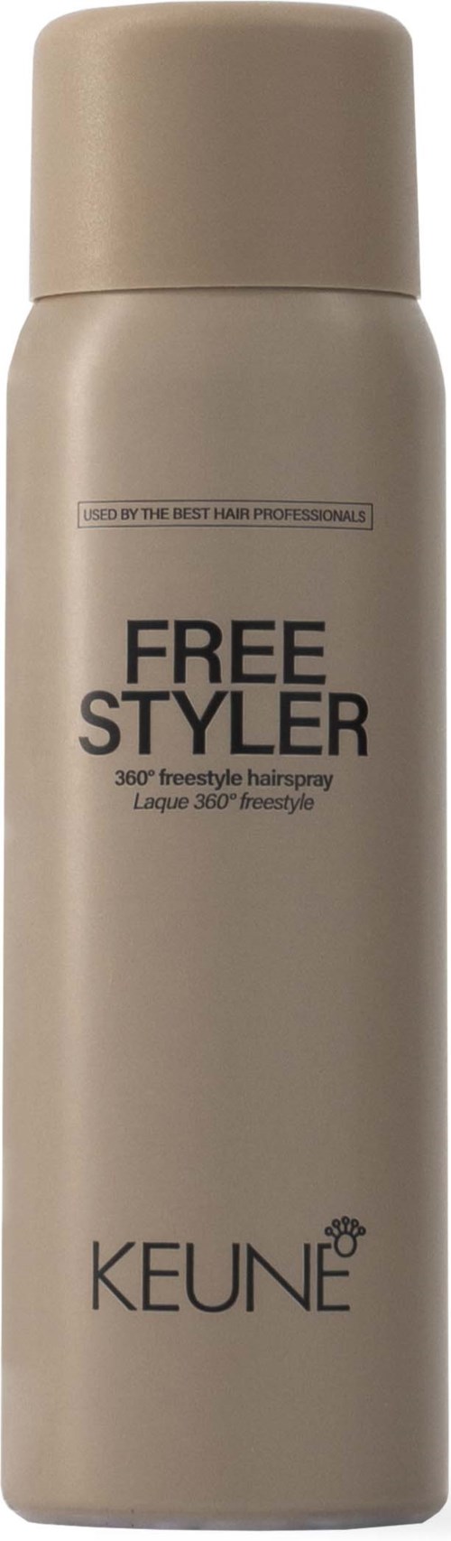 Eine beigen Spraydose von KEUNE Free Styler mit schwarzem Text, für das Styling der Haare.