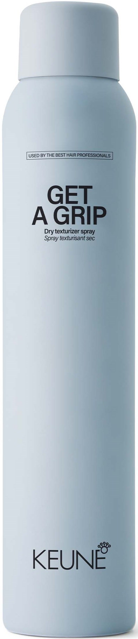 A tall white spray bottle labeled "Get A Grip" by Keune for styling hair.