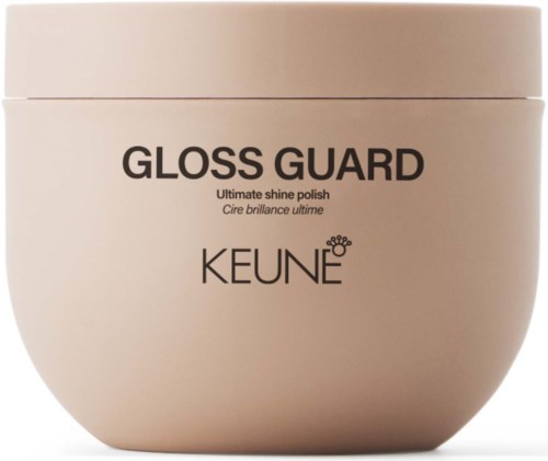 Dies ist ein runder, hellfarbener Behälter mit KEUNE GLOSS GUARD Glanzpolitur mit schwarzem Text. Keine weiteren Gegenstände sind sichtbar.