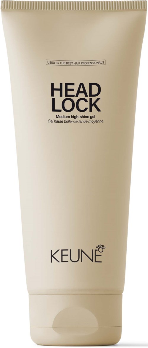 En vit tub med svart text för hårstyling, märkt 'HEAD LOCK' av KEUNE, för medium högglans gel.