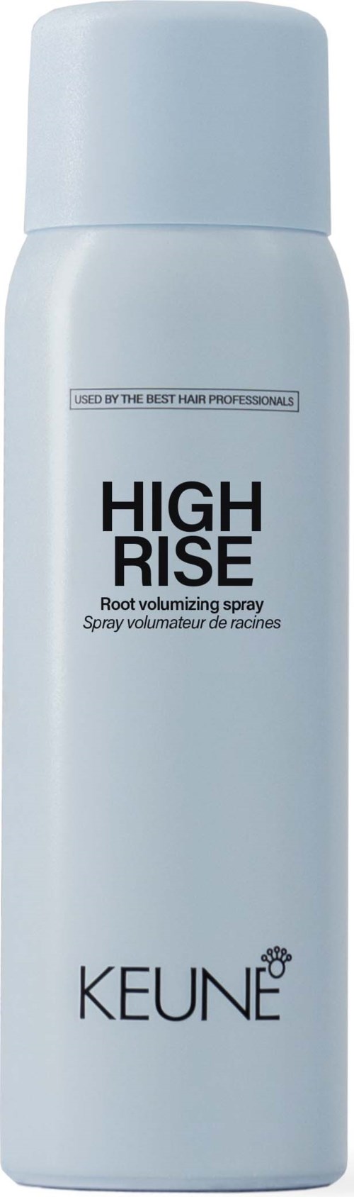 Eine weiße Flasche mit der Aufschrift 'High Rise' und 'Keune' für Wurzelvolumen.