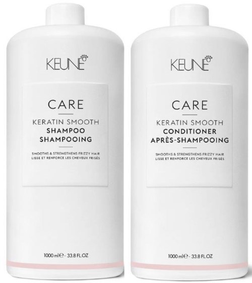 Two hair care bottles, one shampoo and one conditioner, with white labels and black text, from KEUNE.