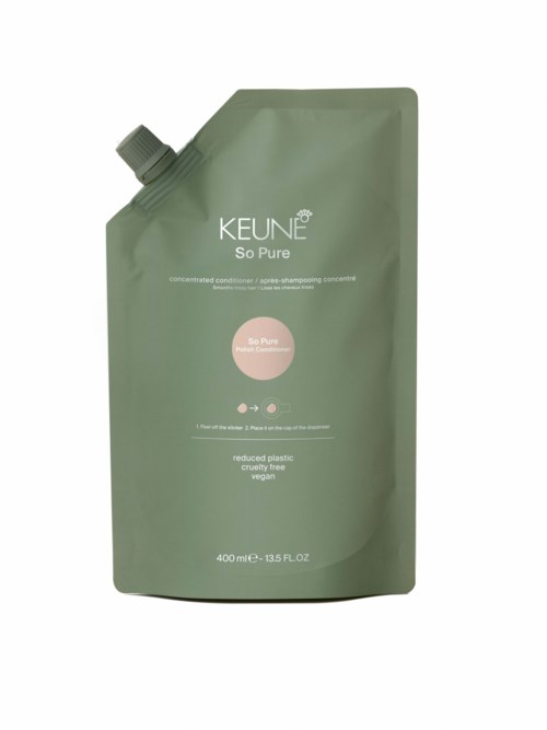 A green refill pouch with white text and a small pink circle, labeled KEUNE So Pure shampoo, 400ml.