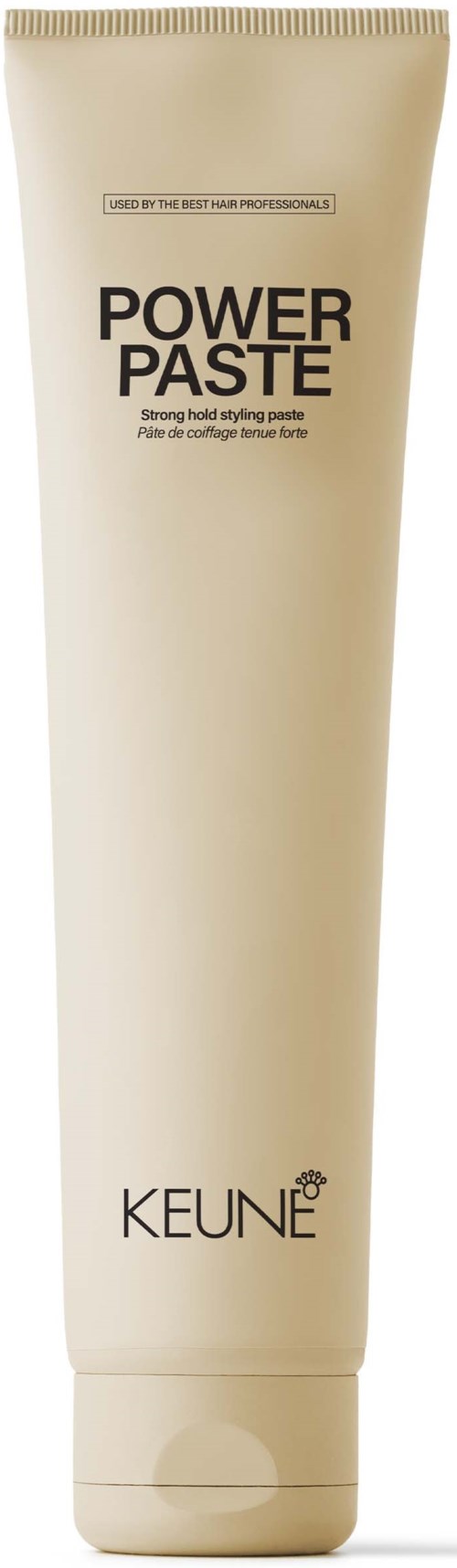 En vit tub märkt 'Power Paste' och 'KEUNE'. Det är en hårstylingprodukt för starkt stadga.