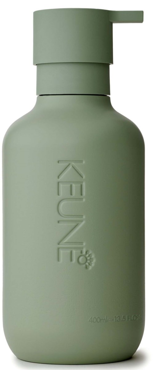 A green bottle with a pump top, labeled KEUNE, containing 400ml of liquid. Simple and sleek design.