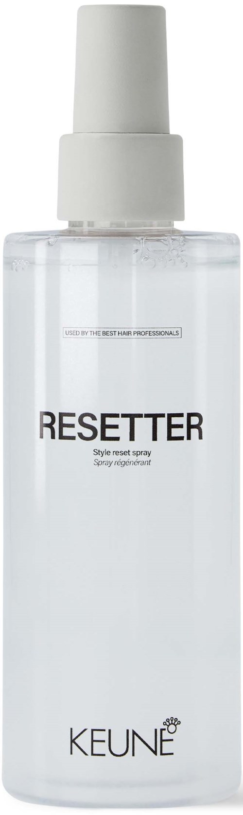 En klar sprayflaske merket 'RESETTER' med hvit spraydåse og merkevaren KEUNE.