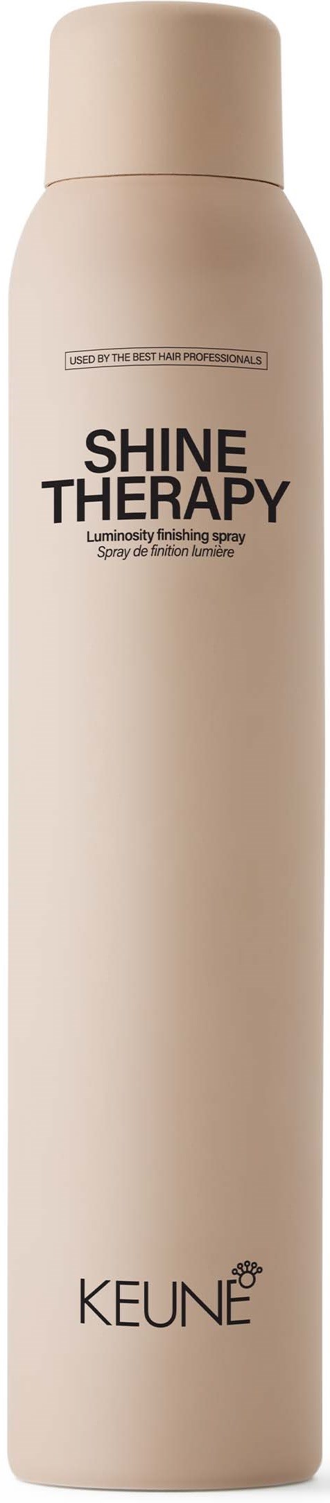 En lang beige flaske merket 'SHINE THERAPY' fra KEUNE, sannsynligvis et hårpleieprodukt.