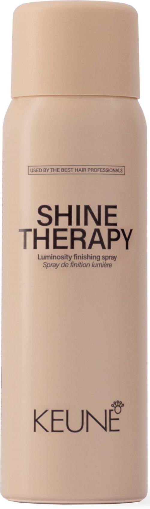 En beige sprayboks merket 'Shine Therapy' av Keune, laget for håret med enkel, ren design.