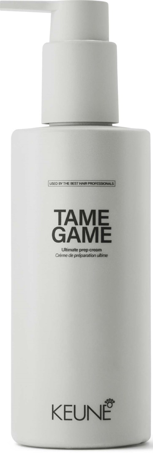 A white bottle with a pump, labeled "TAME GAME" and "KEUNE" at the bottom.