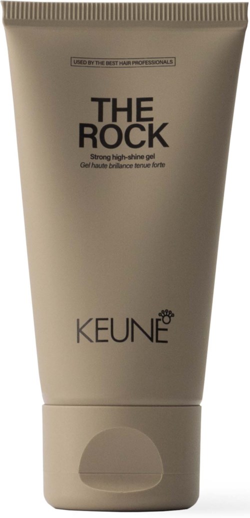 Ett beige rör märkt 'The Rock' av Keune, avsett för hårgelé, med svart text och flip-lock.