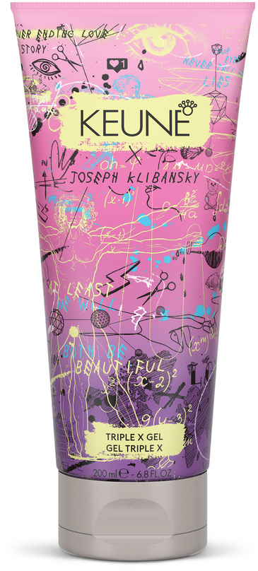 Rosa tub med färgglada, barndomslika skisser och klotter, med text om Keune och en tre gånger X gel.