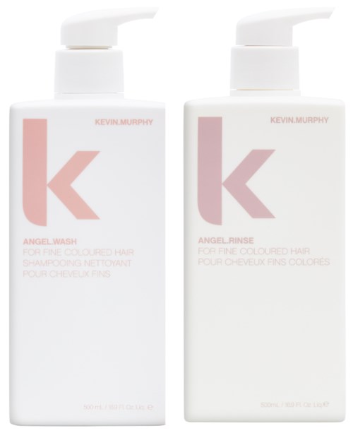Två hårvårdsflaskor märkta 'Angel Wash' och 'Angel Rinse' med en rosa 'K'-logga, för tunt färgat hår.