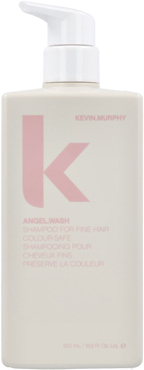 A white bottle with a pump cap, labeled Kevin Murphy Angel Wash, suitable for fine, colored hair.