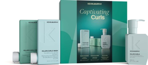 Kevin Murphy hårvårdsprodukter med en turkos box och flaskor, med text som säger Captivating Curls.