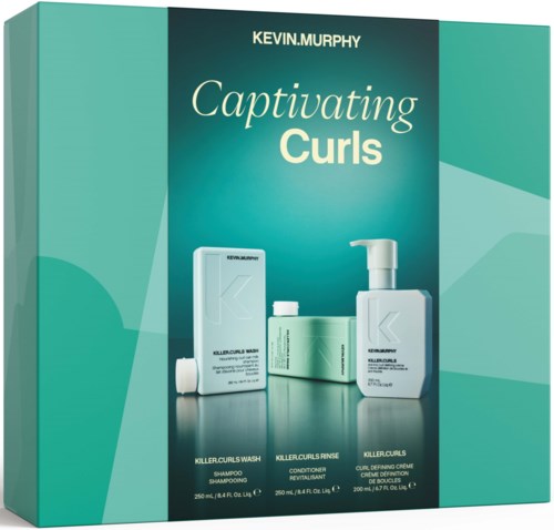 Förpackning för Kevin Murphy Captivating Curls hårprodukter, inklusive schampo, balsam och curlkräm.