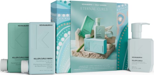 Ett set med Kevin Murphy-hårprodukter kallade Eternal Curls, inklusive schampo, balsam, leave-in-spray och hårbehandlingar, i blå förpackningar.