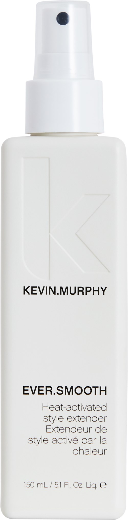 En hvit sprayflaske med svart tekst, merket Kevin Murphy, Ever.Smooth, og beskrivelse av varmeaktivert stylingforlenger.