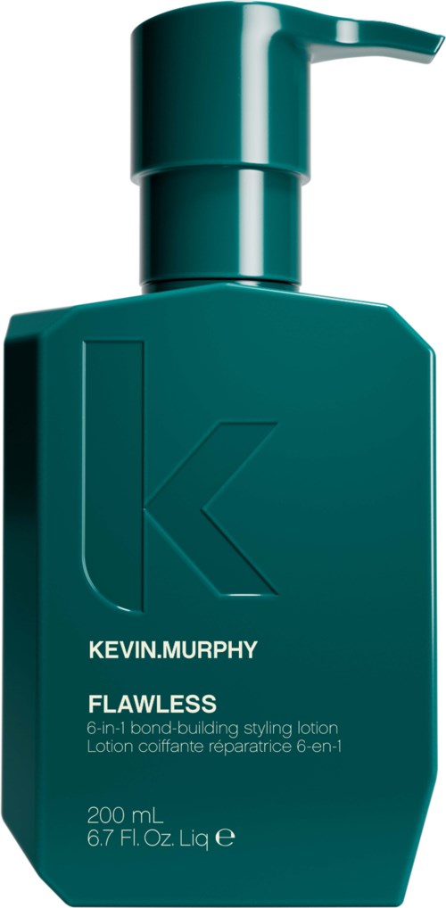 Turkoosinvärinen pumppupullo Kevin Murphy Flawless 6-in-1 muotovaahtoa varten. Suuri etiketti, jossa tuotetiedot.