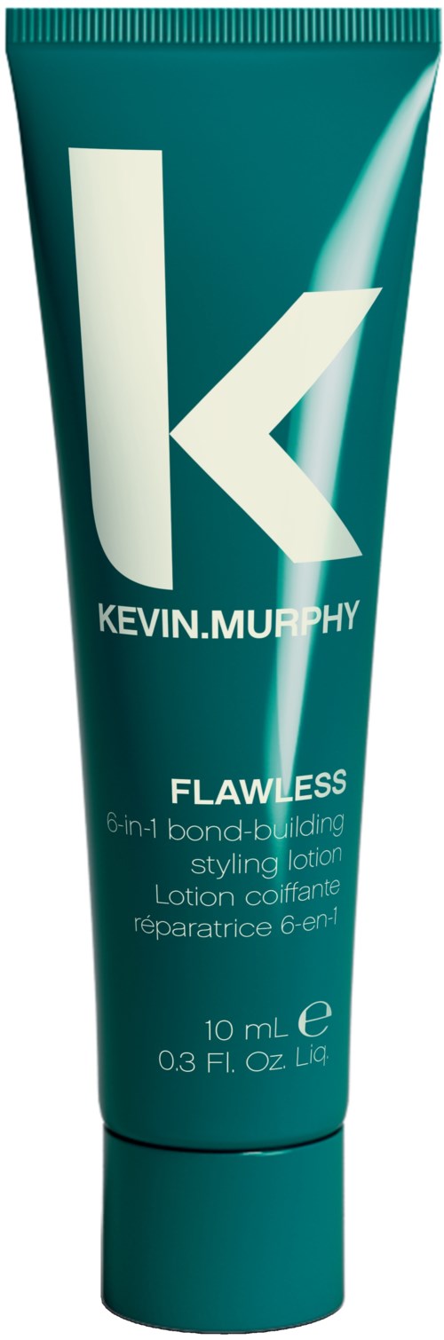 Teal tube of Kevin Murphy Flawless 6-in-1 styling lotion with white text and large K logo on front.